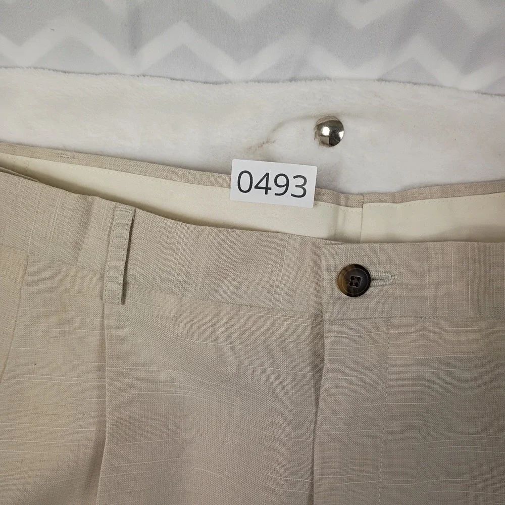 Haggar Dress Pants Men 44x30 Tan Pleated Linen Blend Vintage 90s Work Trousers